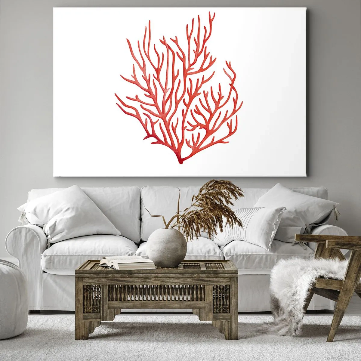 Schilderen op canvas - Rood koraal op een witte achtergrond in een minimalistische stijl - 70x50cm - Koraal filigraan - Moderne wanddecoratie voor woonkamer en slaapkamer ARTTOR