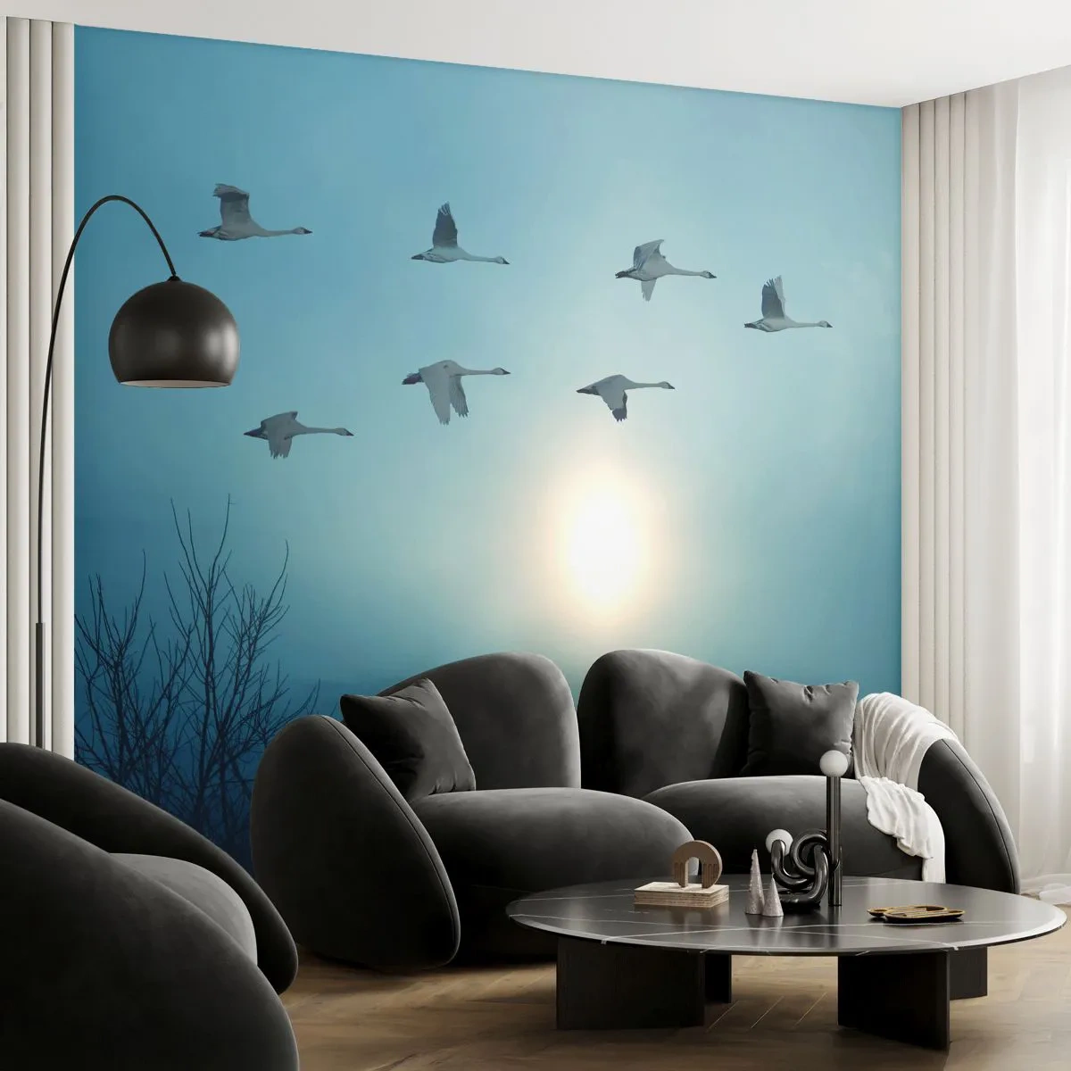 Fotobehang Premium Sand - Afscheid van zomer voor een jaar - Landschap, Ooievaar, Vogels - 100x70 cm