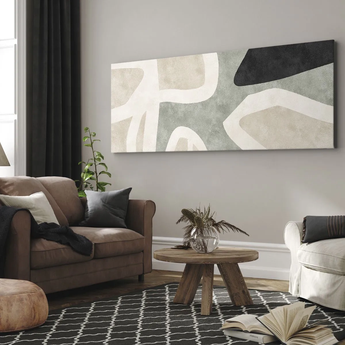 Schilderen op canvas - Compositie met een zwart motief - 140x50 cm