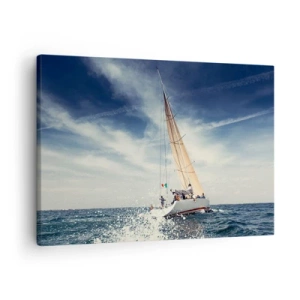 Schilderen op canvas - Een zeilboot op een stormachtige zee onder een blauwe lucht - 70x50cm - Ze halen ons niet in! - Moderne wanddecoratie voor woonkamer en slaapkamer ARTTOR