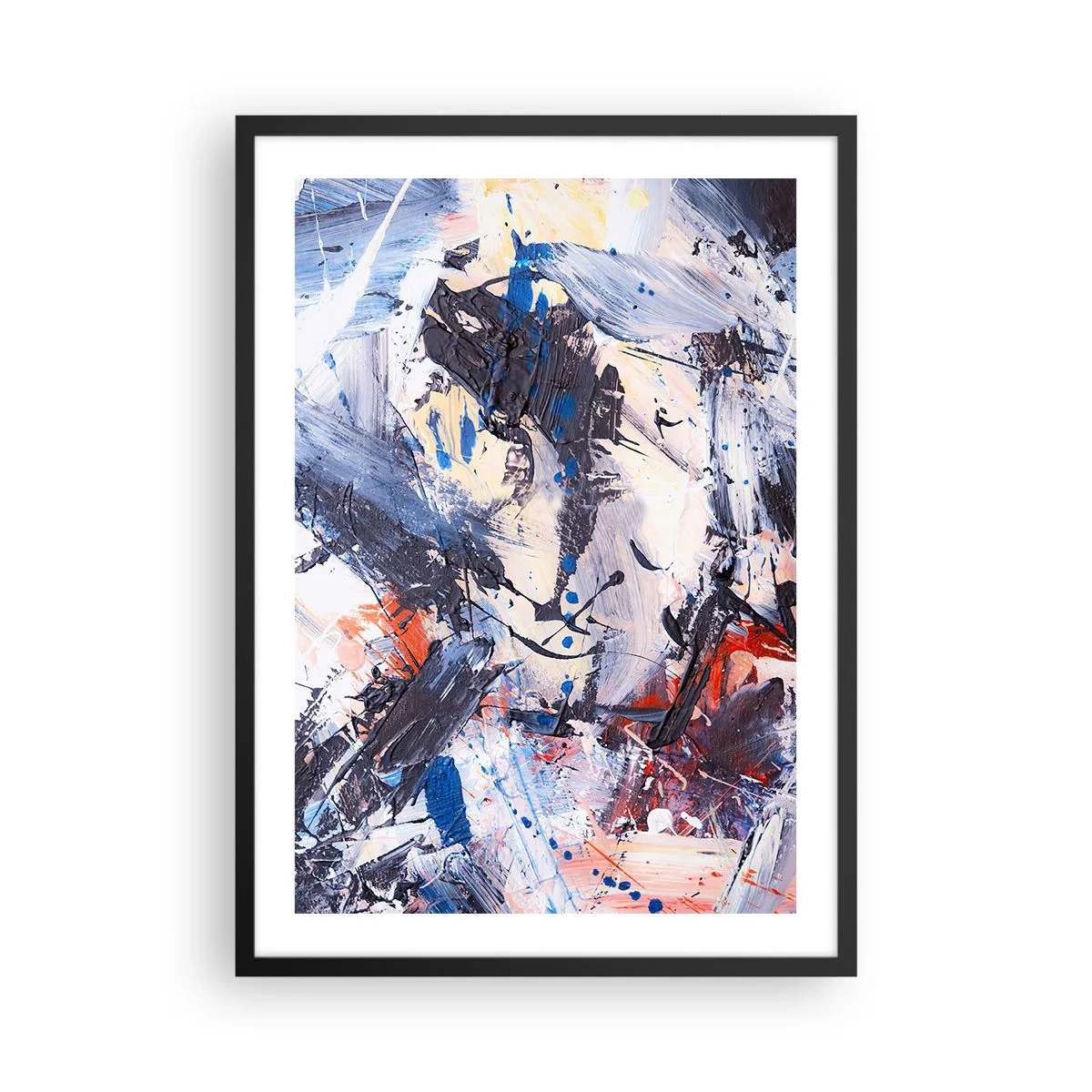 Poster in een zwarte lijst - Abstracte compositie in tinten blauw en oranje - 50x70cm - Gekke dans van abstractie - Moderne wanddecoratie voor woonkamer en slaapkamer ARTTOR