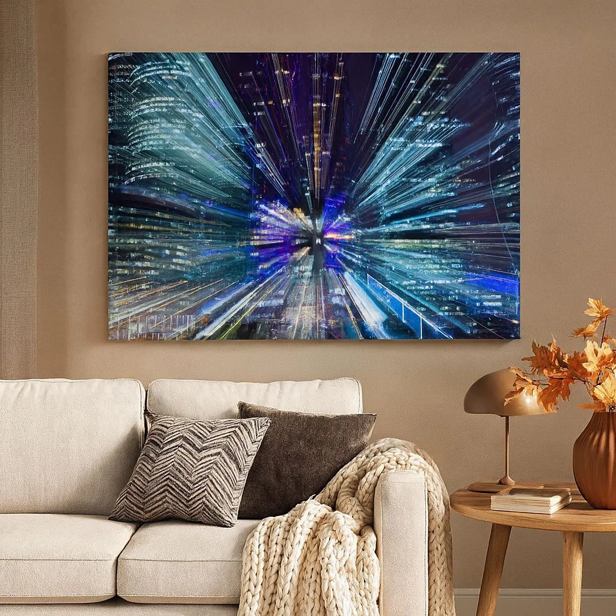 Schilderen op canvas - Dynamisch uitzicht op de stad 's nachts met lichteffect - 70x50cm - Overgang naar hyperspace - Moderne wanddecoratie voor woonkamer en slaapkamer ARTTOR