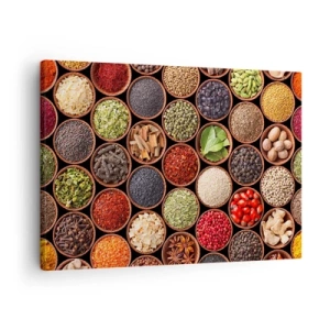 Schilderen op canvas - Kleurrijke kruiden in ronde bakjes - 70x50cm - Alle smaken van de wereld - Moderne wanddecoratie voor woonkamer en slaapkamer ARTTOR