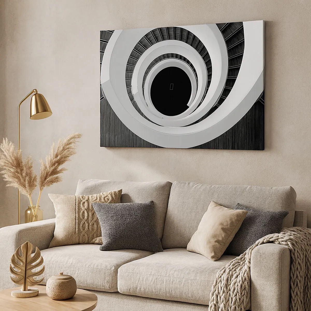 Schilderen op canvas - Zwart-witte wenteltrap in moderne stijl - 70x50cm - Tot de kern van de zaak - Moderne wanddecoratie voor woonkamer en slaapkamer ARTTOR