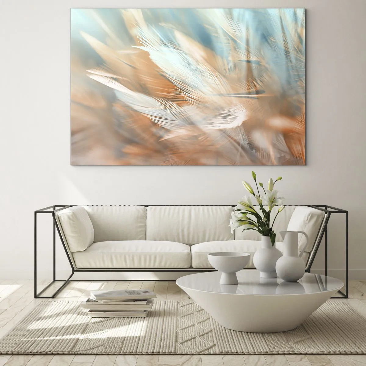 Schilderen op glas - Delicate veren in pasteltinten turquoise en perzik - 70x50cm - In het land van zachtheid - Moderne wanddecoratie voor woonkamer en slaapkamer ARTTOR