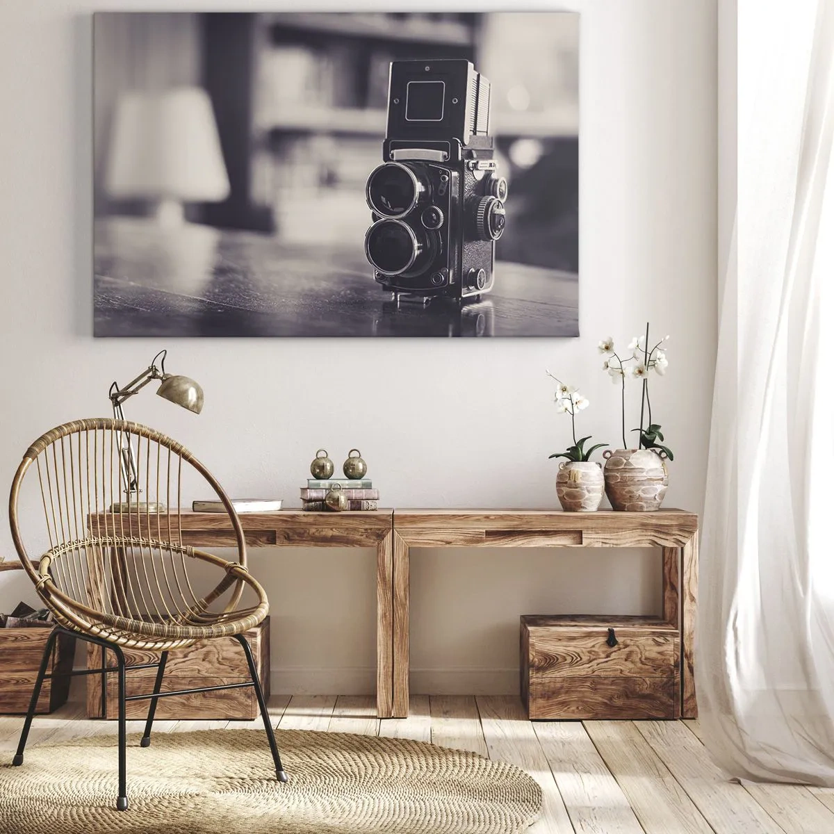 Schilderen op canvas - Antieke camera in zwart-wit - 70x50cm - De magie van oude fotografie - Moderne wanddecoratie voor woonkamer en slaapkamer ARTTOR