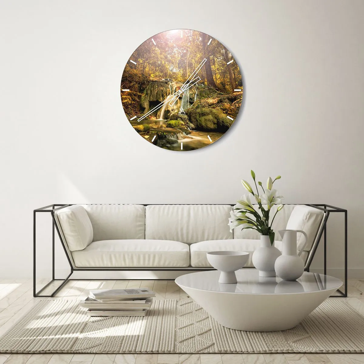 Wandklok - Klok - Boswaterval in de zon - 30x30cm - Boscascade in het groen - Moderne wanddecoratie voor woonkamer, keuken en slaapkamer ARTTOR
