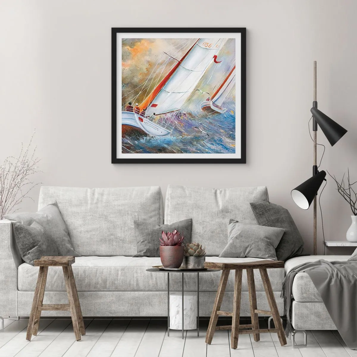 Poster in een zwarte lijst - Lopend op de golven  - 30x30 cm