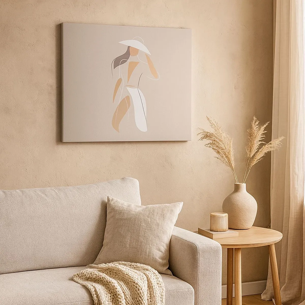 Schilderen op canvas - Een minimalistische tekening van een vrouw met een hoed op een beige achtergrond. - 70x50cm - Mode is leuk - Moderne wanddecoratie voor woonkamer en slaapkamer ARTTOR