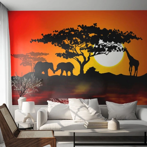 Fotobehang Premium Canvas - Ontmoeting in de savanne - Dieren, Afrika, Giraffe - 400x280 cm