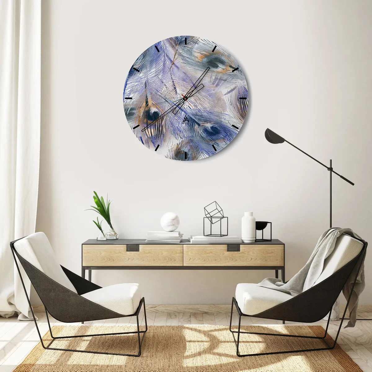 Wandklok - Klok - Een compositie geïnspireerd door pauwenveren in een artistieke stijl - 30x30cm - Pauwenogen compositie - Moderne wanddecoratie voor woonkamer, keuken en slaapkamer ARTTOR