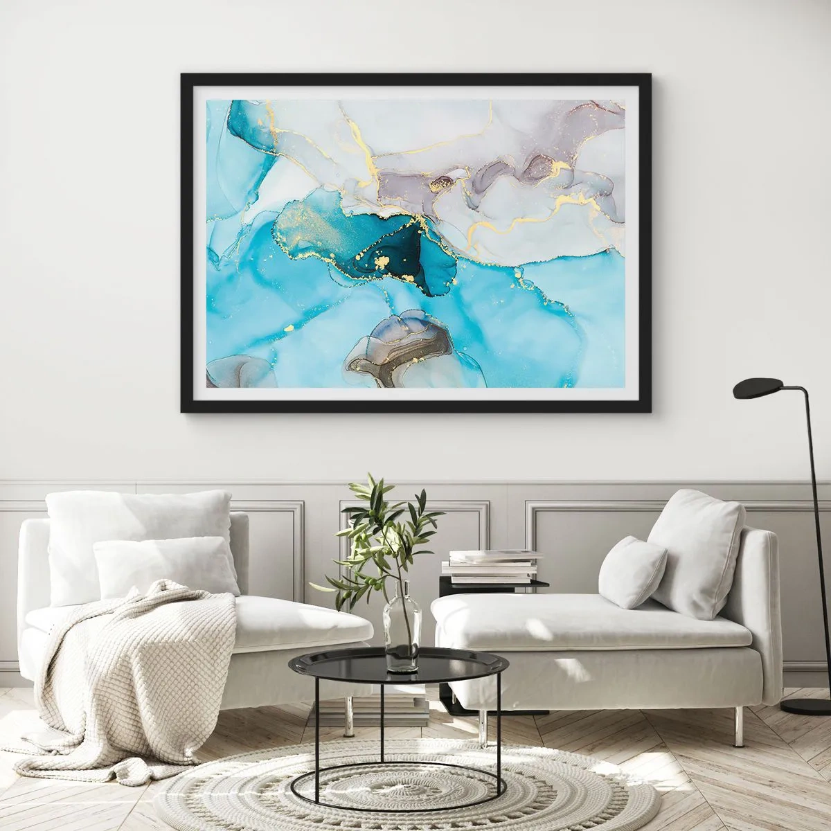 Poster in een zwarte lijst - Een studie van de ontmoeting van grijs en turkoois - 40x30 cm