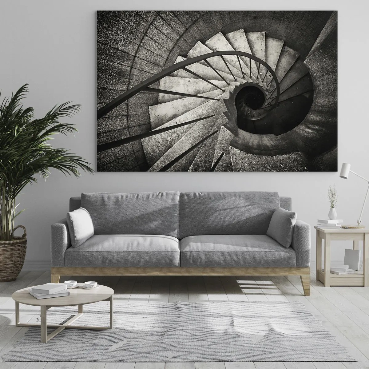 Schilderen op glas - Een zwart-witte wenteltrap vanuit vogelperspectief - 70x50cm - De trap op, de trap af - Moderne wanddecoratie voor woonkamer en slaapkamer ARTTOR