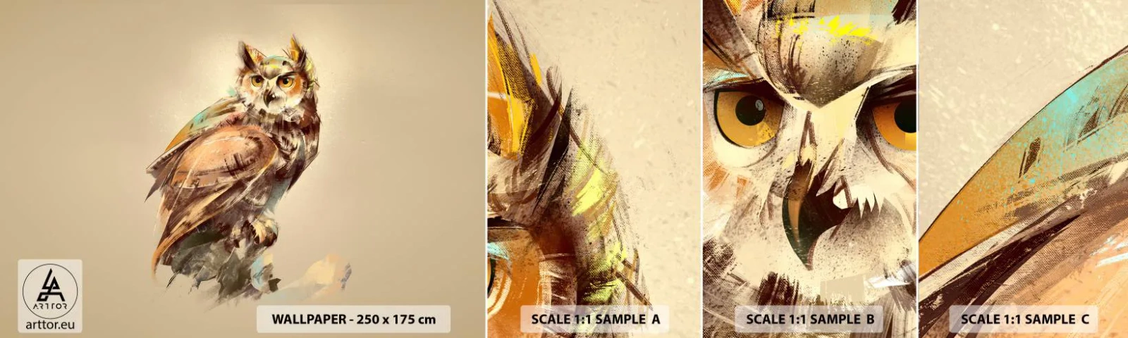 Fotobehang Monster Zelfklevend Deluxe Sticker - De slimste uil - zal het eikenbos bevestigen - Uil, Vogel, Abstractie - 100x30 cm