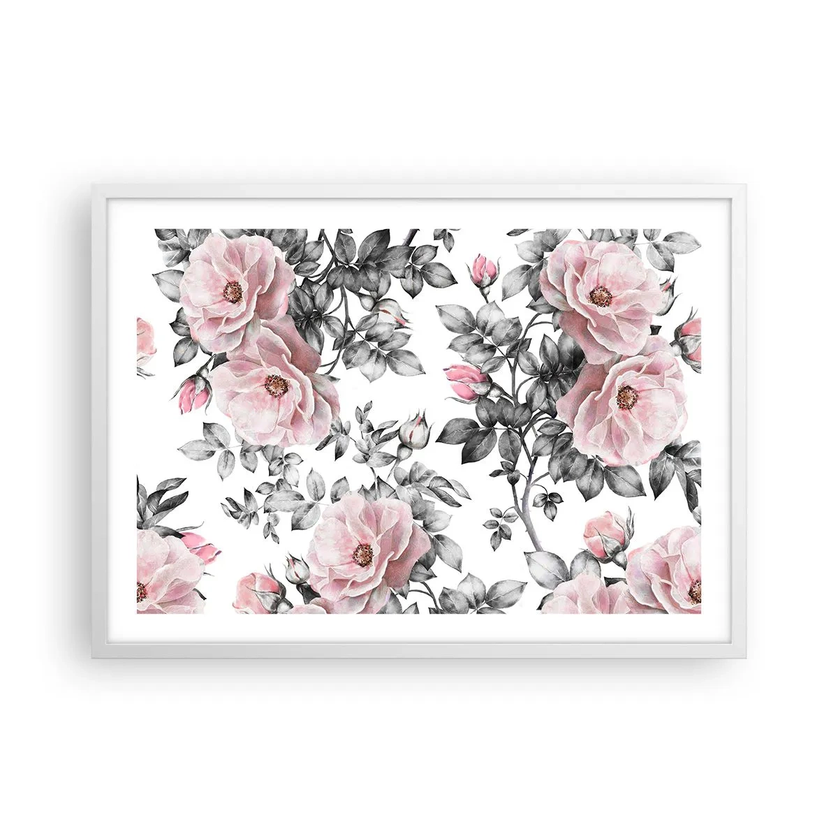 Poster in een witte lijst - Verdwalen in de bloemen van de rozen - 70x50 cm