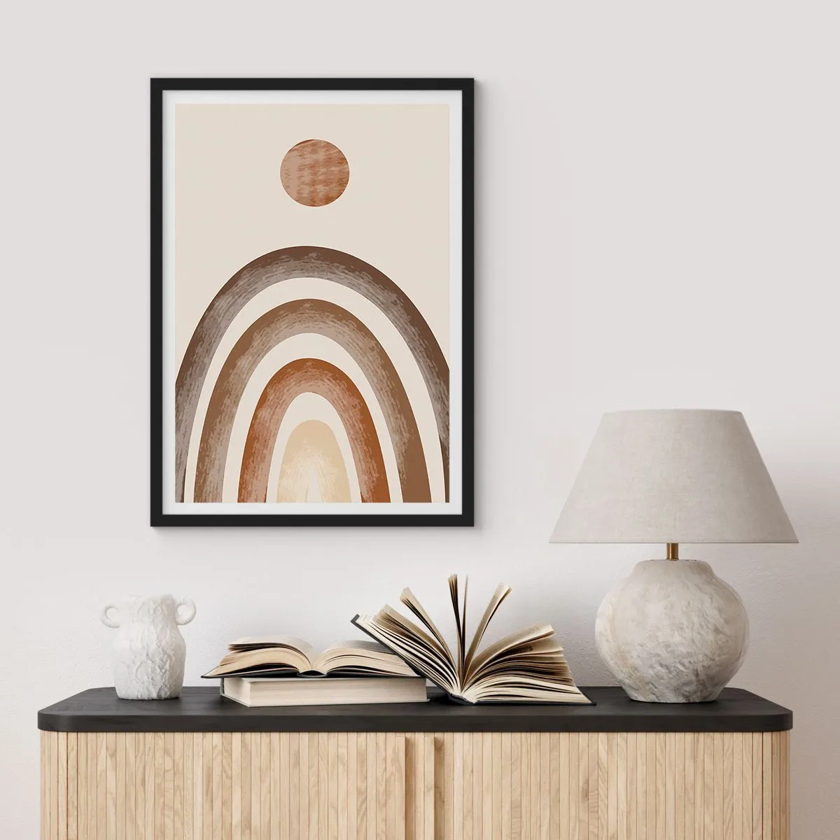Poster in een zwarte lijst - Abstract motief van bogen en zon in aardse tinten - 50x70cm - In een sterrenstelsel ver, ver weg - Moderne wanddecoratie voor woonkamer en slaapkamer ARTTOR