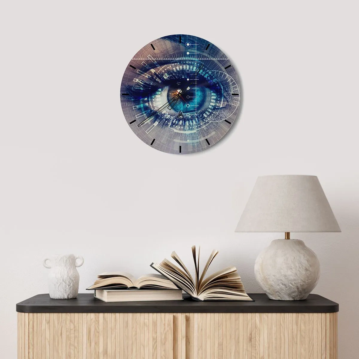 Wandklok - Klok - Een oog omgeven door digitale afbeeldingen - 30x30cm - Je denkt dat je me kent - Moderne wanddecoratie voor woonkamer, keuken en slaapkamer ARTTOR