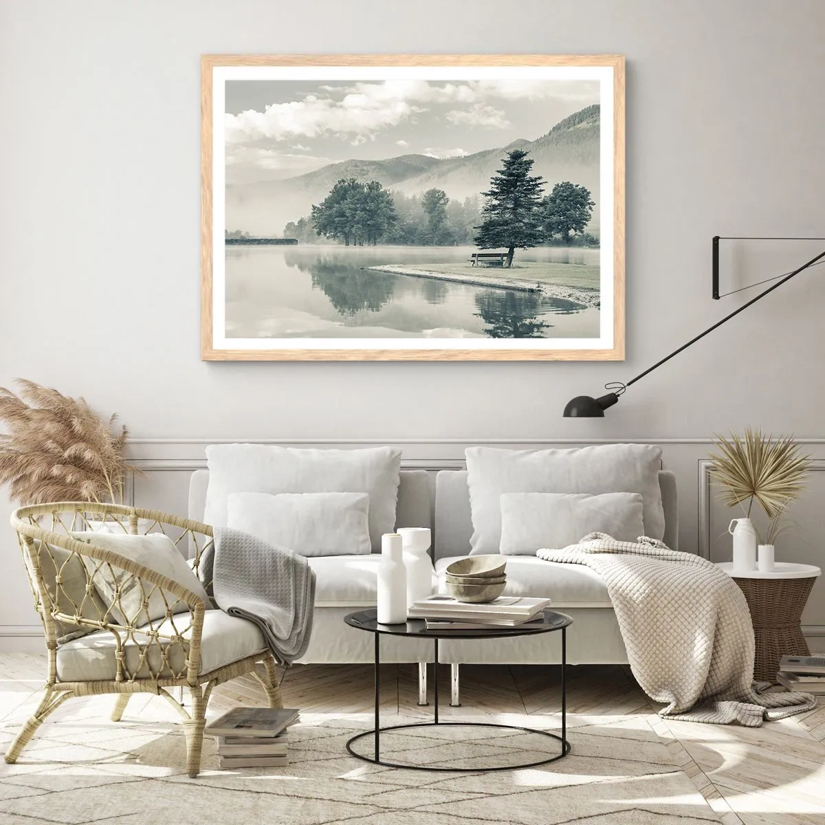 Een poster in een licht eiken lijst - Het meer slaapt nog - 100x70 cm