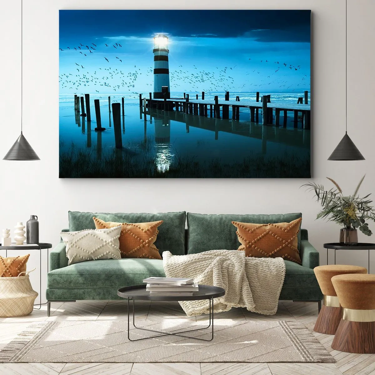 Schilderen op canvas - De vuurtoren op de pier is 's avonds verlicht - 70x50cm - En je bent niet bang in het donker - Moderne wanddecoratie voor woonkamer en slaapkamer ARTTOR