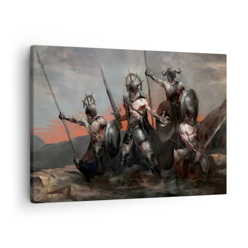 Schilderen op canvas - Een groep krijgers in harnas met speren tegen de achtergrond van de zonsondergang - 70x50cm - Met of op een schild - Moderne wanddecoratie voor woonkamer en slaapkamer ARTTOR