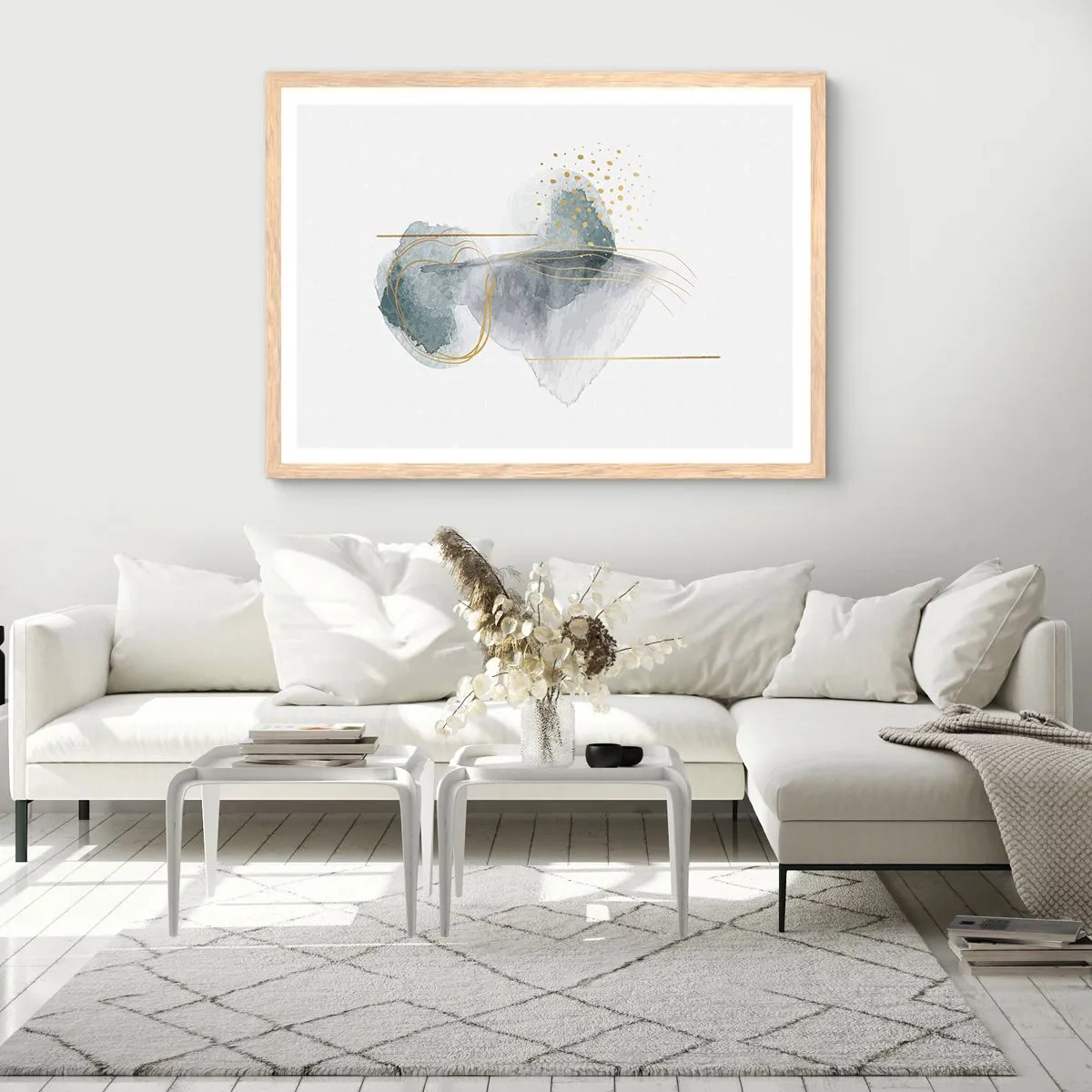 Een poster in een licht eiken lijst - Over de relatie tussen grijs en goud - 100x70 cm