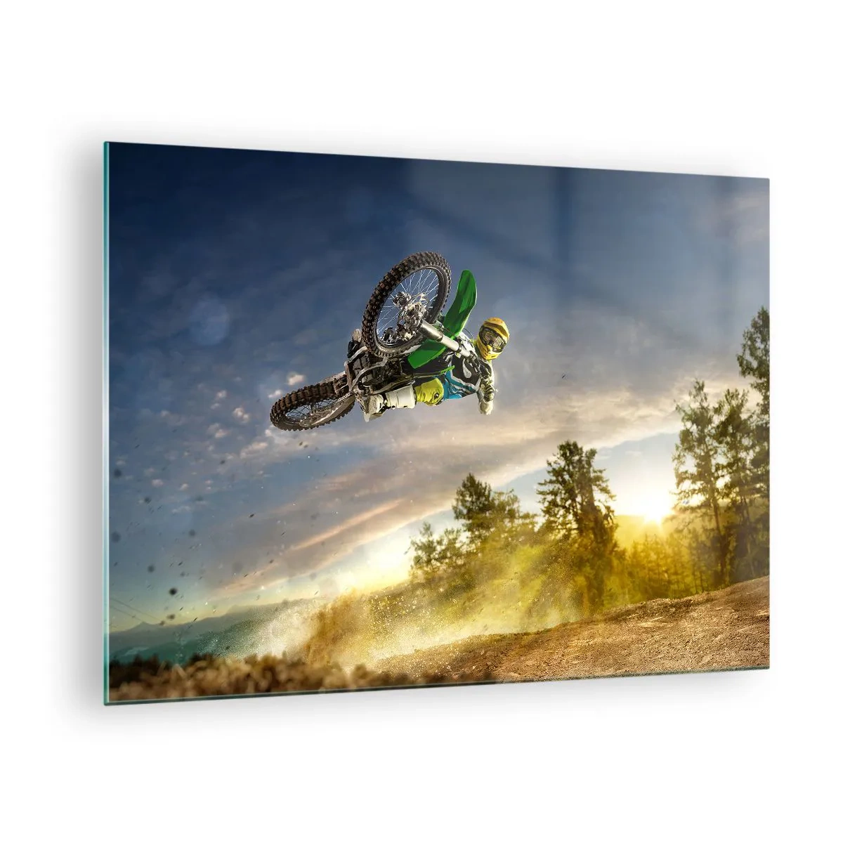 Schilderen op glas - Een motorrijder in actie tegen de achtergrond van de ondergaande zon - 70x50cm - Schakel emoties in! - Moderne wanddecoratie voor woonkamer en slaapkamer ARTTOR