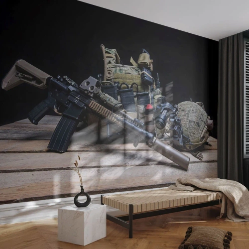 Fotobehang Premium Sand - Rust uit! - Leger, Geweer, Wapen - 400x280 cm