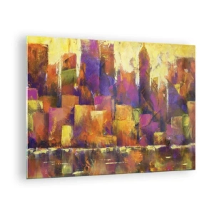 Schilderen op glas - Een abstracte metropool in warme kleuren met paarse accenten. - 70x50cm - Metropolitan compositie - Moderne wanddecoratie voor woonkamer en slaapkamer ARTTOR