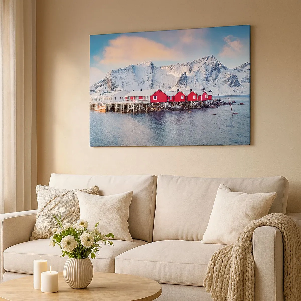 Schilderen op canvas - Rode huizen tegen de achtergrond van besneeuwde bergen en de blauwe zee - 70x50cm - Noordelijke retraite - Moderne wanddecoratie voor woonkamer en slaapkamer ARTTOR