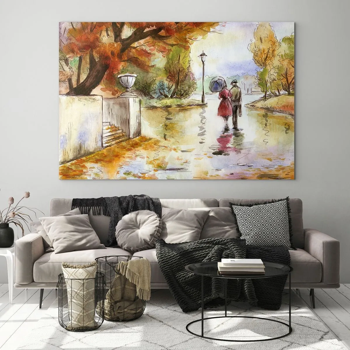 Schilderen op glas - Een herfstwandeling van een stel door een park met kleurrijke bladeren - 70x50cm - Romantische herfst in het park - Moderne wanddecoratie voor woonkamer en slaapkamer ARTTOR