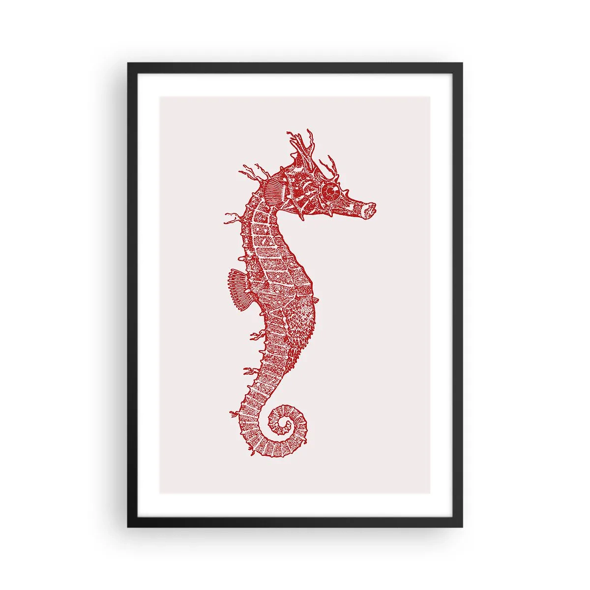 Poster in een zwarte lijst - Rode steampunk zeepaardje op een lichte achtergrond - 50x70cm - Een ingewikkeld wezen - Moderne wanddecoratie voor woonkamer en slaapkamer ARTTOR
