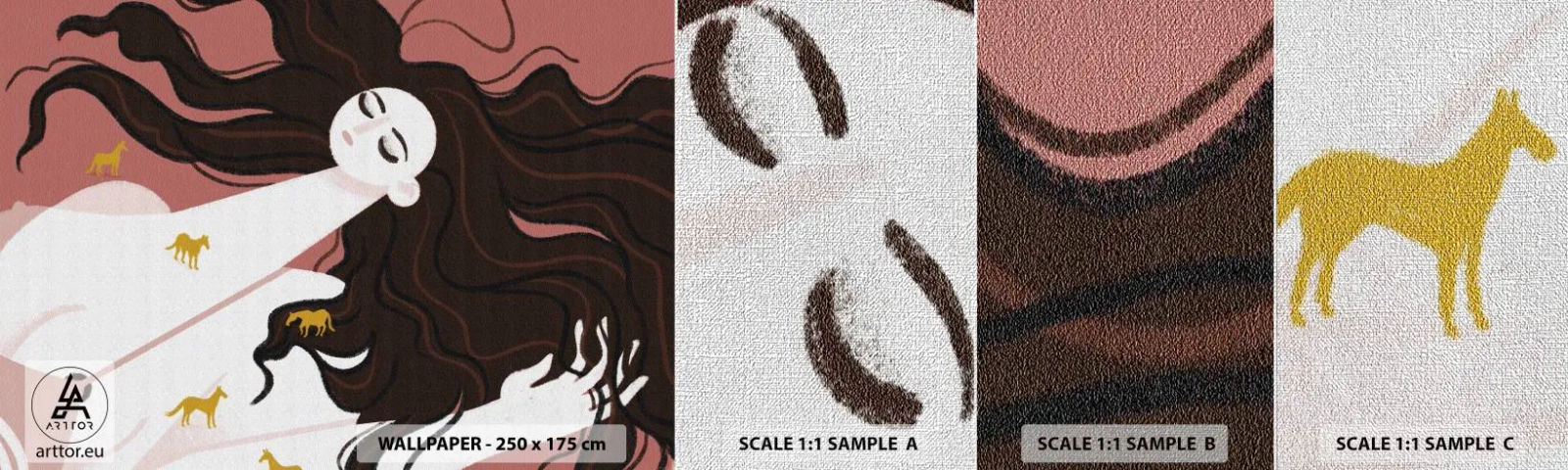 Fotobehang Monster Premium Canvas - Droom over een gouden paard - Vrouw, Portret, Minimalisme - 100x30 cm