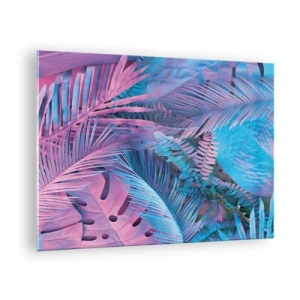 Schilderen op glas - Tropische bladeren in tinten roze en blauw op een neonachtergrond - 70x50cm - Tropen in roze en blauw - Moderne wanddecoratie voor woonkamer en slaapkamer ARTTOR