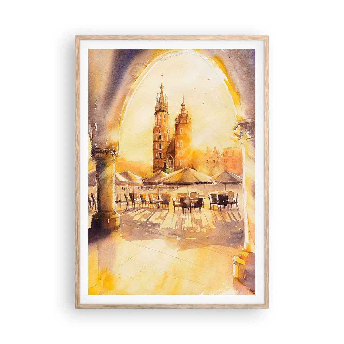 Een poster in een licht eiken lijst - Zonsopgang boven het marktplein van Krakau - 70x100 cm