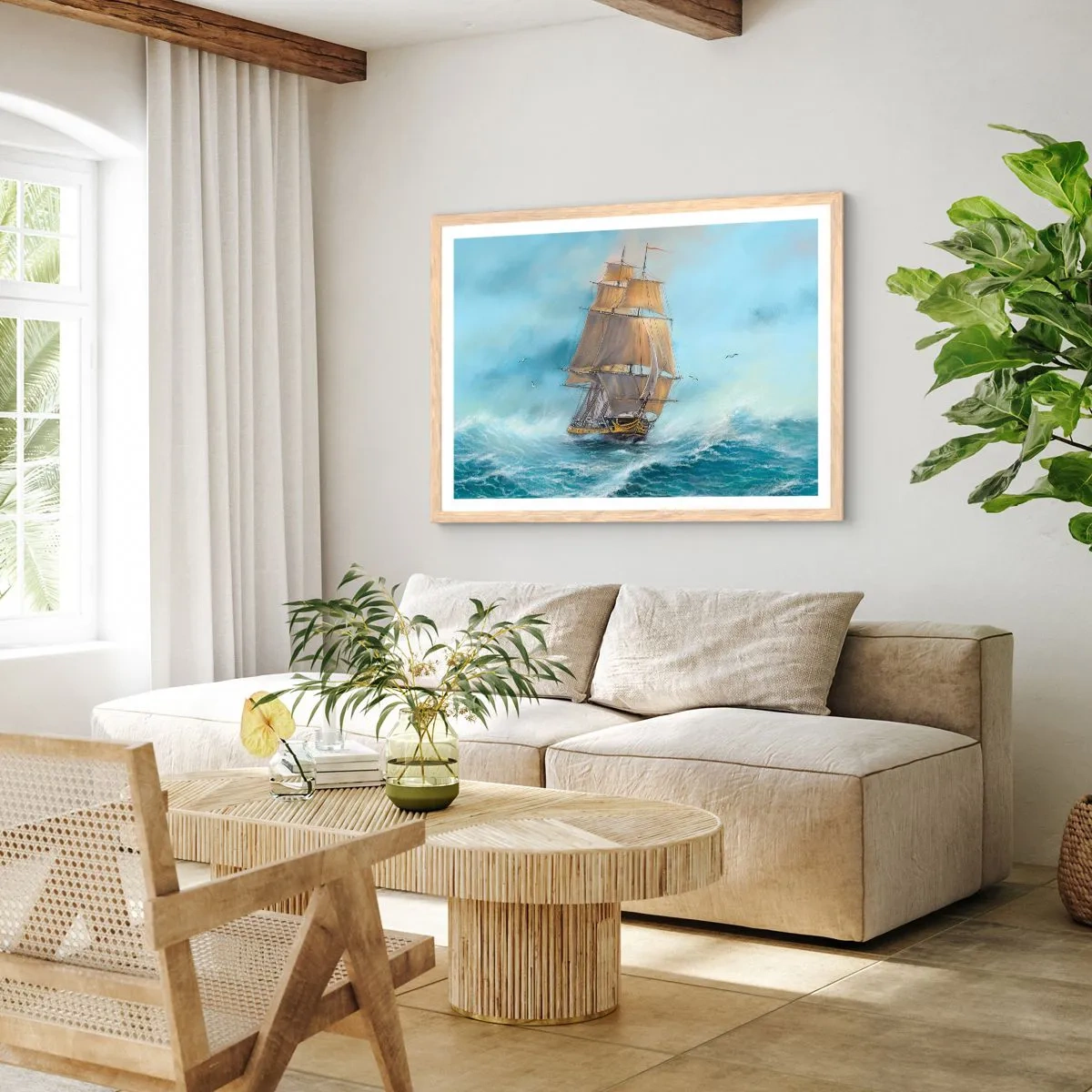 Een poster in een licht eiken lijst - Haasten over de golven - 100x70 cm