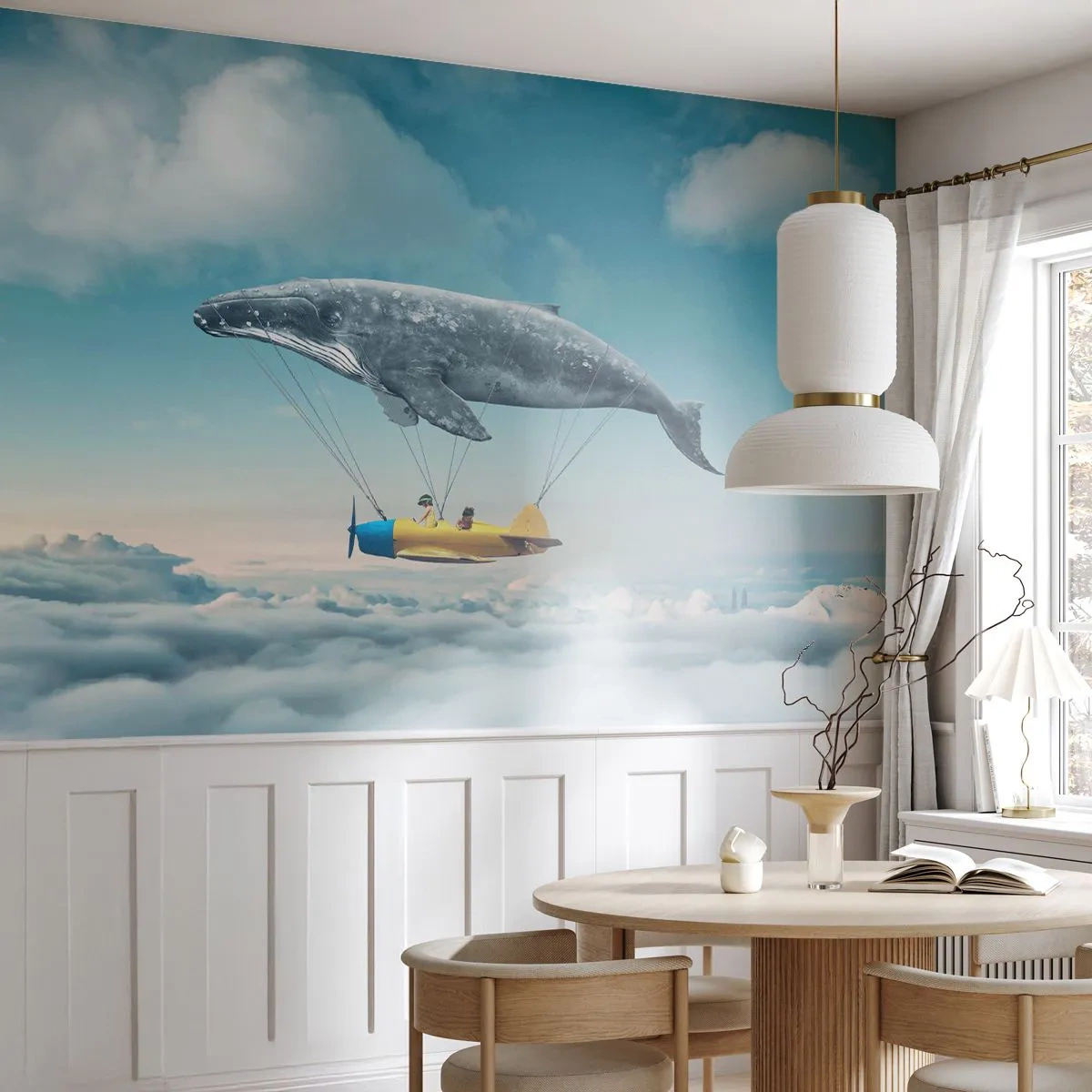 Zelfklevend Fotobehang Deluxe Sticker - Waarom niet? - Walvis, Kinderen, Vliegtuig - 350x256 cm