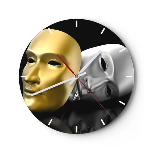 Wandklok - Klok - Theatermasker van goud en zilver op een zwarte achtergrond - 30x30cm - Het leven is theater - Moderne wanddecoratie voor woonkamer, keuken en slaapkamer ARTTOR