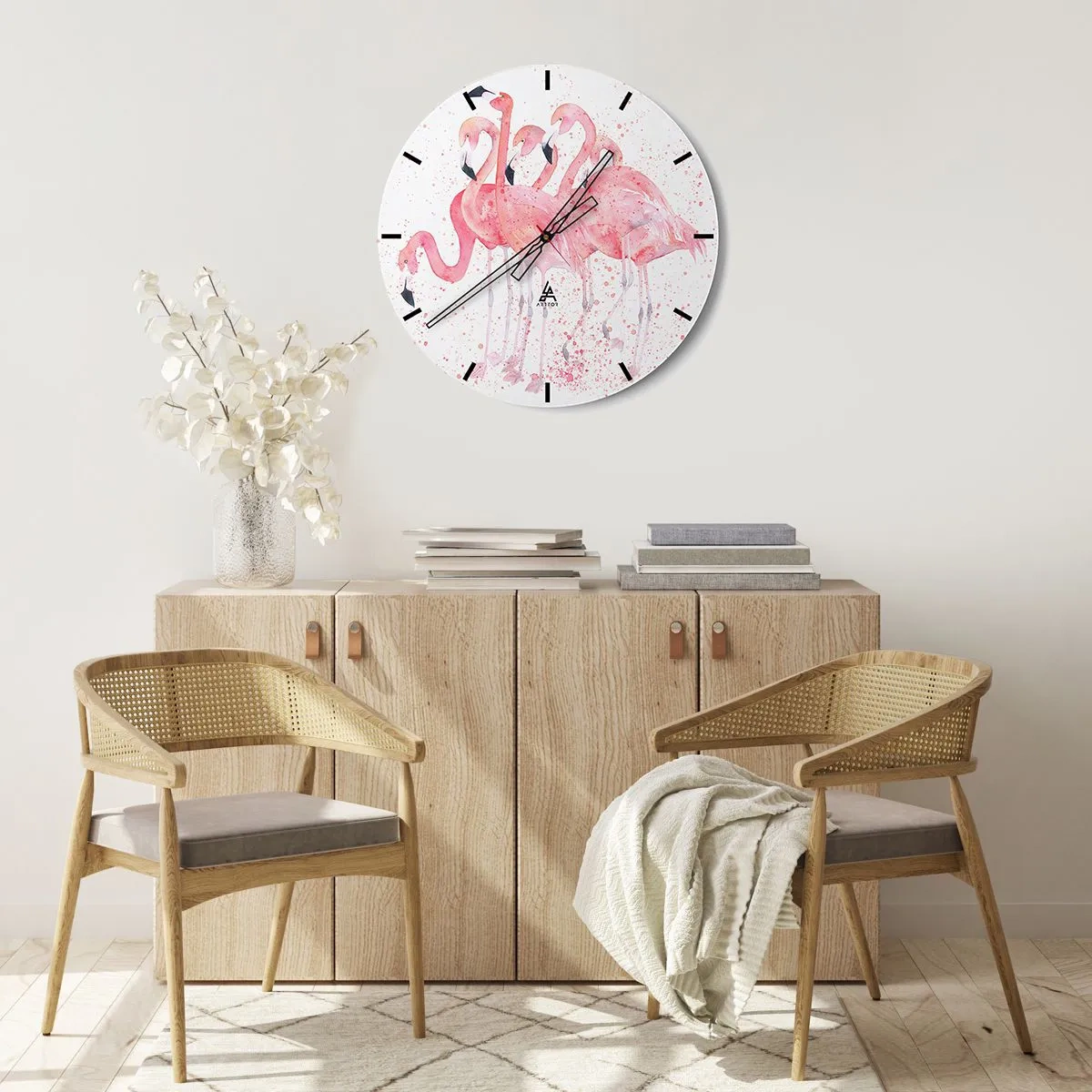 Wandklok - Klok - Een groep roze flamingo's in artistieke aquarelstijl. - 30x30cm - Roze ensemble - Moderne wanddecoratie voor woonkamer, keuken en slaapkamer ARTTOR