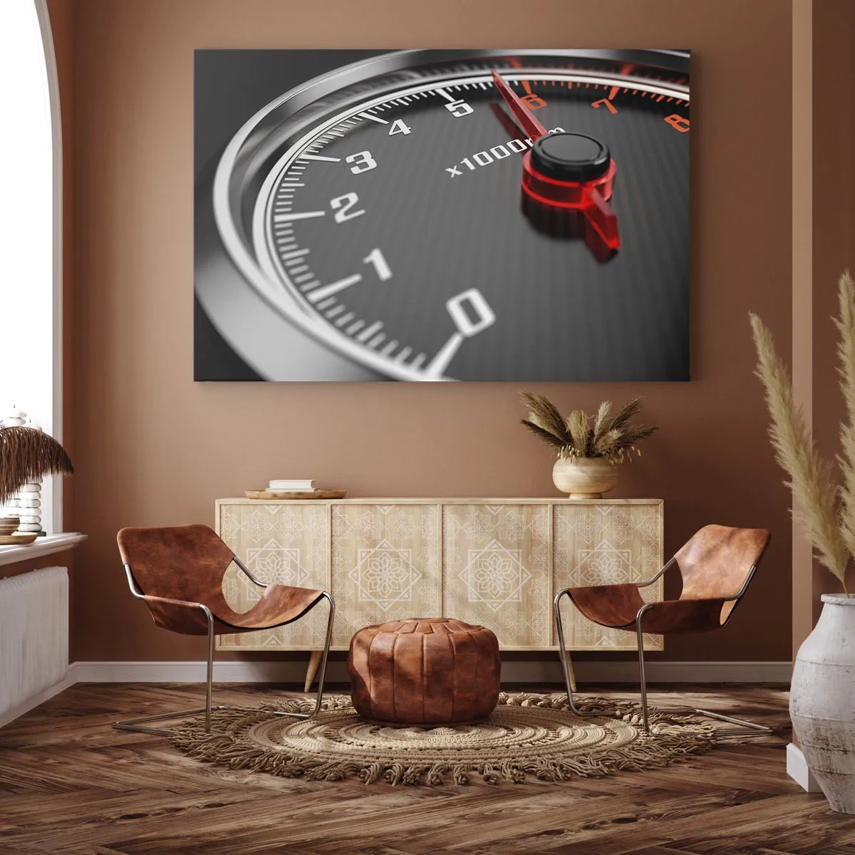 Schilderen op canvas - Close-up van de toerenteller met de rode naald - 70x50cm - Geef vol gas - Moderne wanddecoratie voor woonkamer en slaapkamer ARTTOR