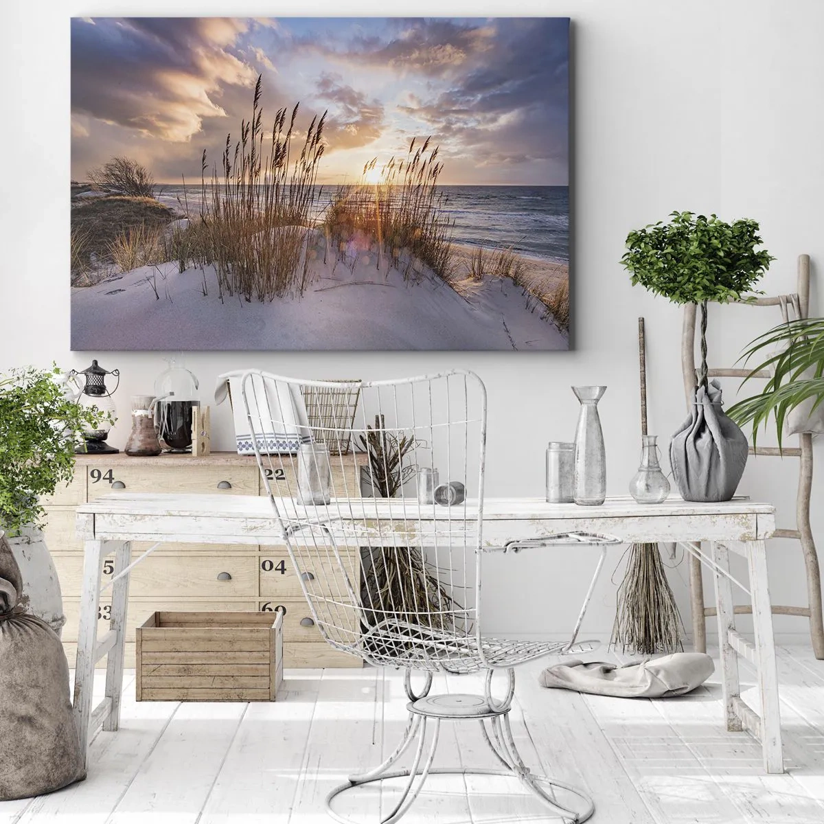 Schilderen op canvas - Duinen met gras tegen de achtergrond van de ondergaande zon - 70x50cm - Afscheid van de zon en de wind - Moderne wanddecoratie voor woonkamer en slaapkamer ARTTOR