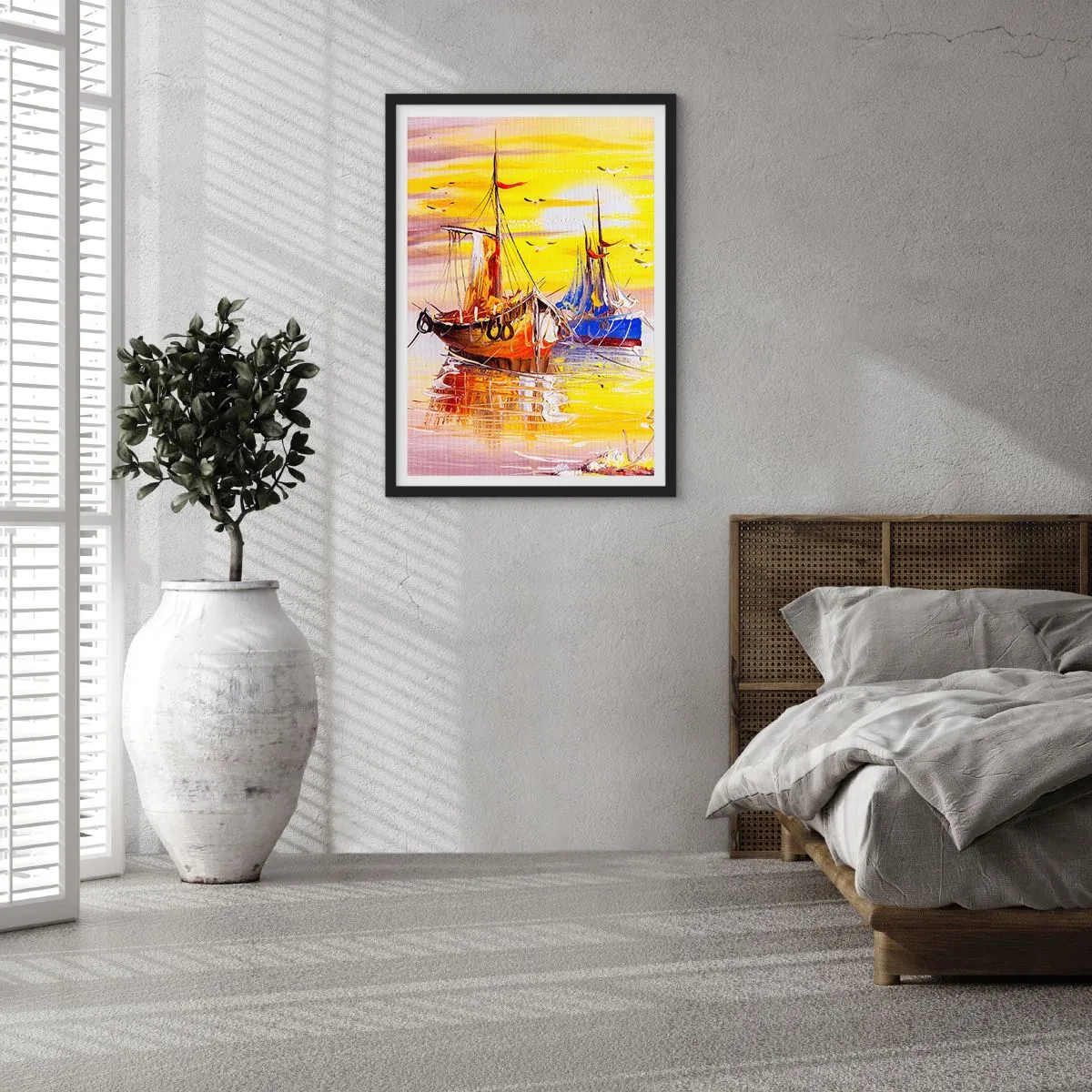 Poster in een zwarte lijst - Kleurrijke zeilboten bij zonsondergang - 50x70cm - Een welverdiende rust in de haven - Moderne wanddecoratie voor woonkamer en slaapkamer ARTTOR