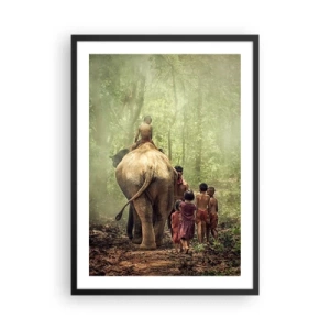 Poster in een zwarte lijst - Kinderen en een olifant in het regenwoud - 50x70cm - Nieuw Jungle Boek - Moderne wanddecoratie voor woonkamer en slaapkamer ARTTOR