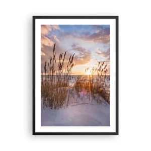 Poster in een zwarte lijst - Het gras op de duinen verlicht door de stralen van de ondergaande zon - 50x70cm - Afscheid van de zon en de wind - Moderne wanddecoratie voor woonkamer en slaapkamer ARTTOR