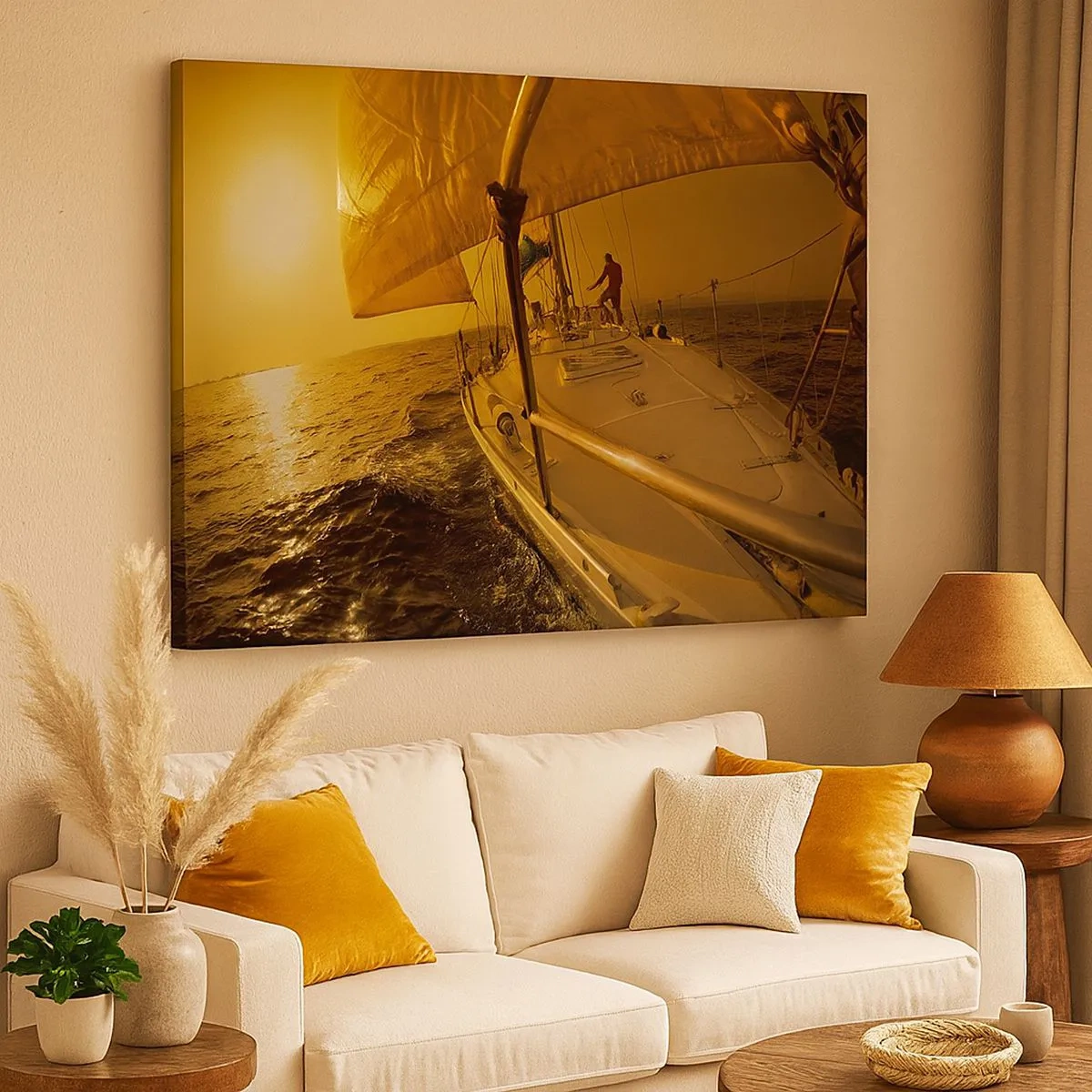 Schilderen op canvas - Zeilboot op zee tijdens zonsondergang, gouden gloed. - 70x50cm - Een gouden avond na een kleurrijke dag - Moderne wanddecoratie voor woonkamer en slaapkamer ARTTOR