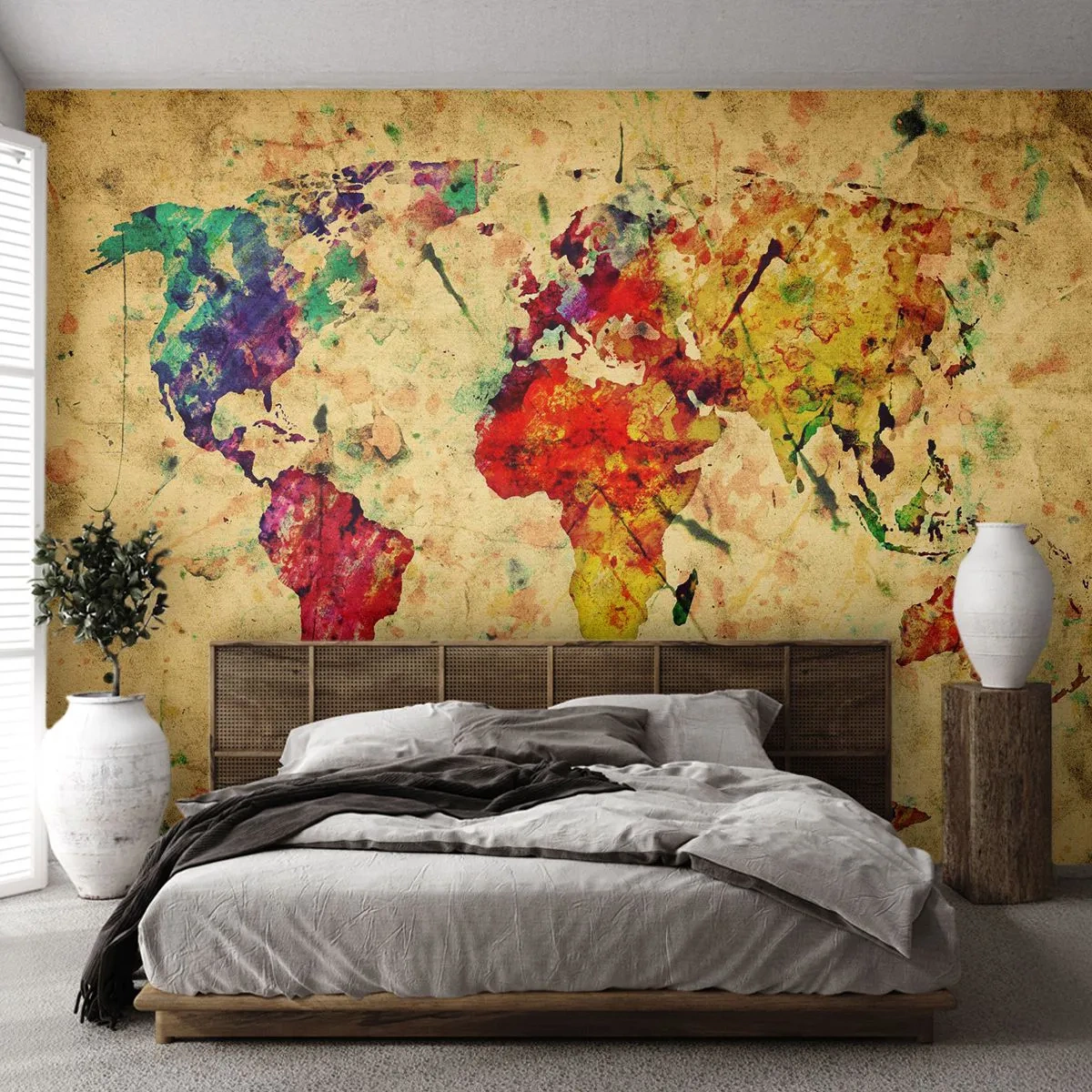 Fotobehang Standard Eco - Kleurrijke aquarel wereldkaart - 100x70cm - Leven als kleurrijk kaartpapier - Moderne wanddecoratie voor woonkamer en slaapkamer ARTTOR