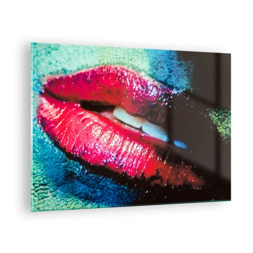 Schilderen op glas - Rode lippen tegen een achtergrond van intense kleuren - 70x50cm - Sensueel en verontrustend - Moderne wanddecoratie voor woonkamer en slaapkamer ARTTOR