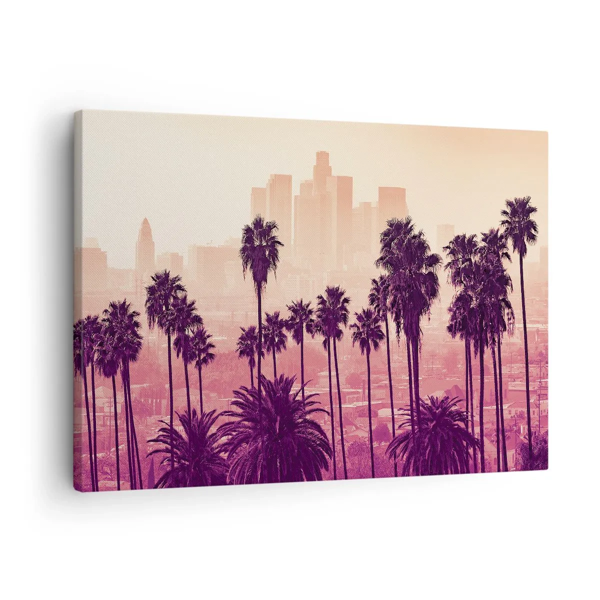 Schilderen op canvas - Palmbomen tegen de achtergrond van een stedelijk landschap in warme kleuren - 70x50cm - Californisch landschap - Moderne wanddecoratie voor woonkamer en slaapkamer ARTTOR