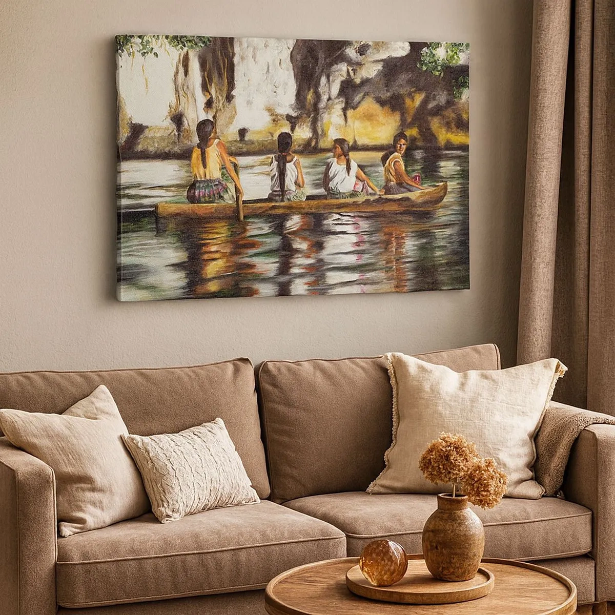 Schilderen op canvas - Vrouwen in een boot op een kalme rivier met een pittoreske achtergrond - 70x50cm - In een Polynesisch paradijs - Moderne wanddecoratie voor woonkamer en slaapkamer ARTTOR