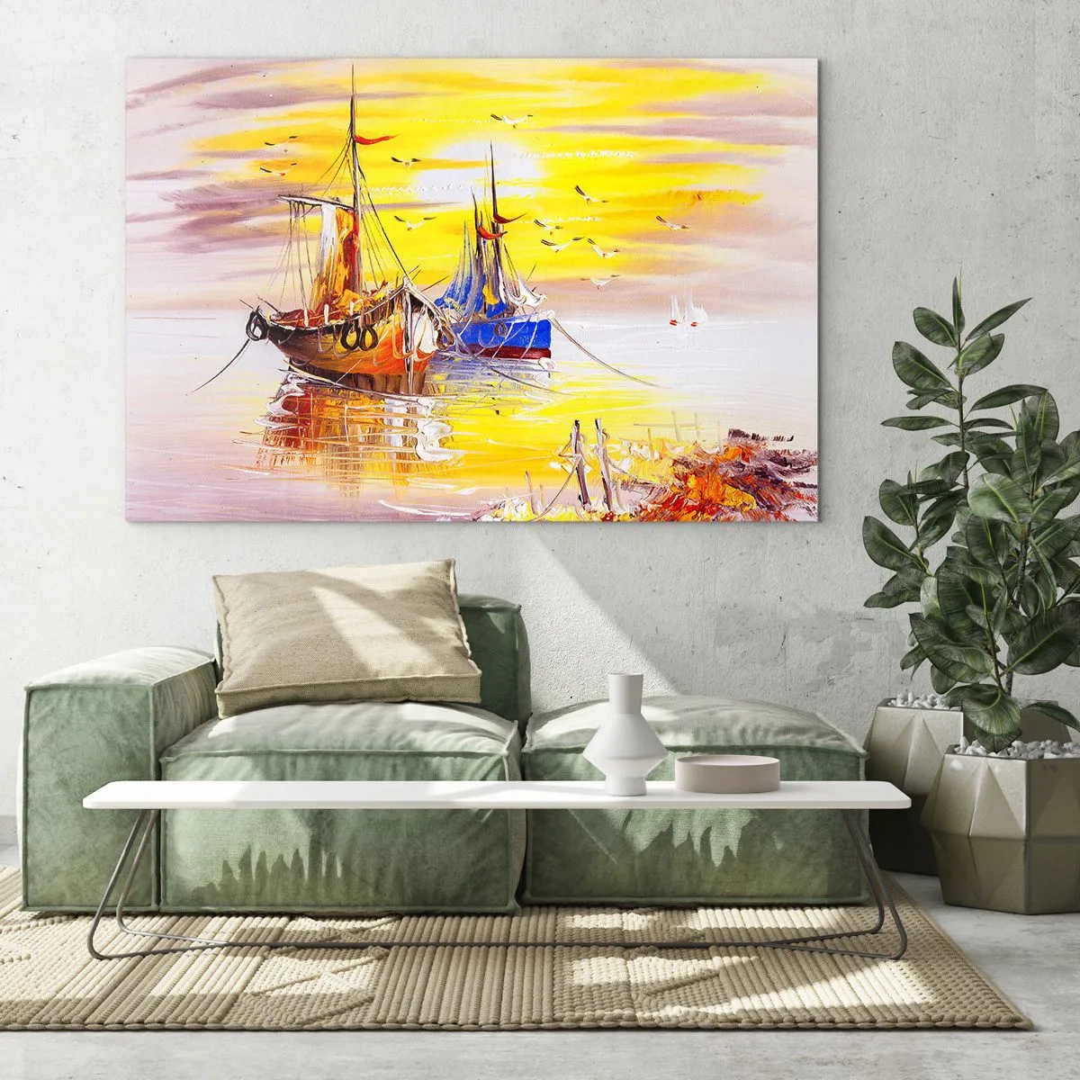 Schilderen op glas - Vissersboten bij zonsondergang op kalm water - 70x50cm - Een welverdiende rust in de haven - Moderne wanddecoratie voor woonkamer en slaapkamer ARTTOR
