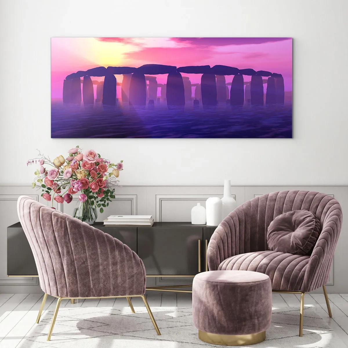 Schilderen op glas - Mysterie bij zonsopgang in de mist - 90x30 cm
